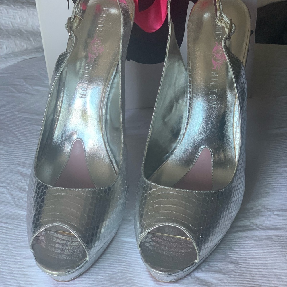 Paris Hilton Annette Metallic Silver Watersnake Slingback Open toe
